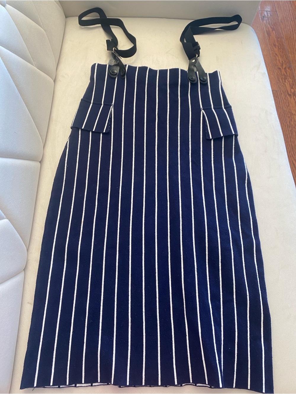 Navy Blue Pinstripe Suspender Pencil Skirt